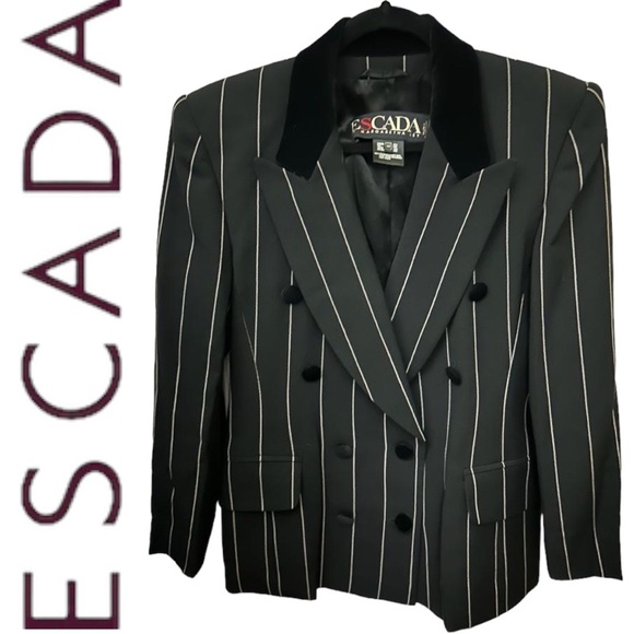 Classic Escada Charcoal Grey Skirt/Suit w/Blazer with White Pin Stripes Size 8 - Picture 7 of 8